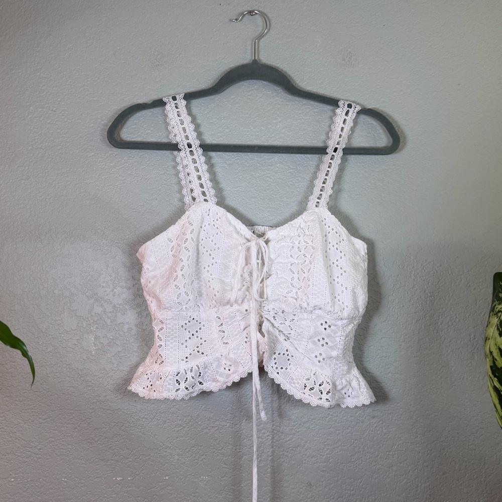 Blenca White Eyelet Sweatheart Neckline Smocked Corset Tie Front Bohemian Top XL